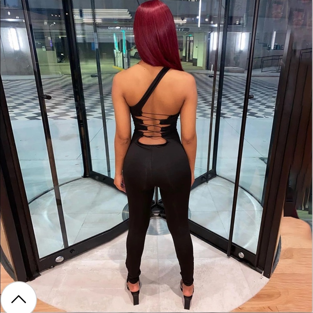 Black One Shoulder Jumpsuit.
